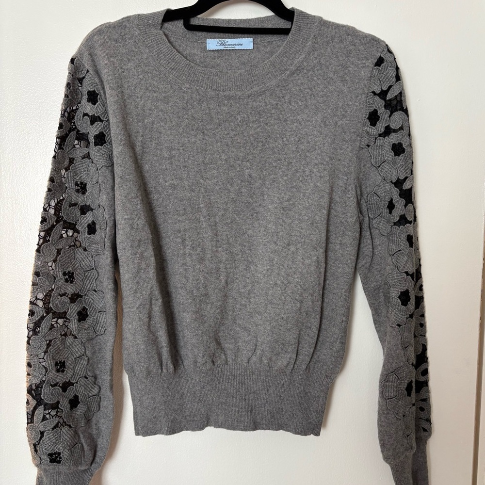Blumarine Gray Sweater with Black Lace Sleeves